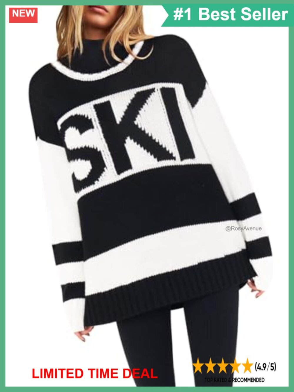 Womens Oversized Color Block Ski Sweater Crewneck Pullover